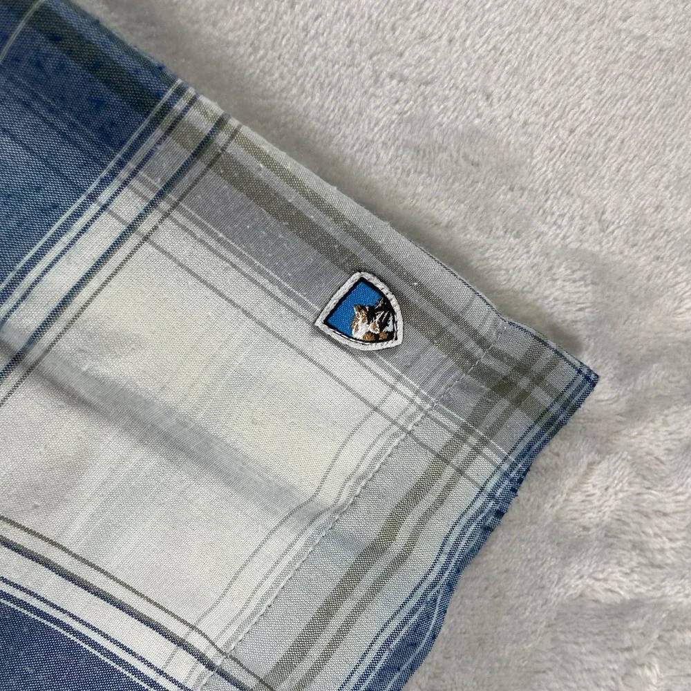 KUHL Shirt Mens Large Button Up STYK Tapered Fit Blue Plaid Short Sleeve Outdoor